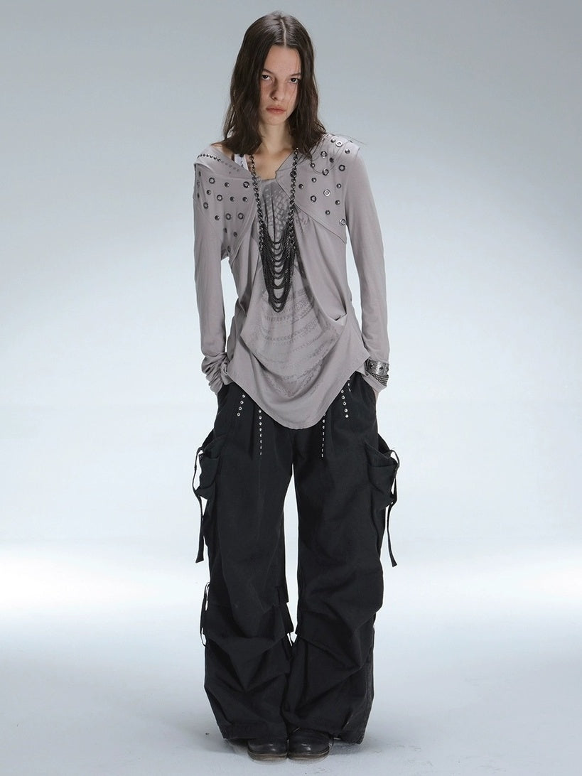 DoublePunch Breathable Lyocell Cinch Waist Vintage Hooded Long Sleeve Studded Print T-Shirt