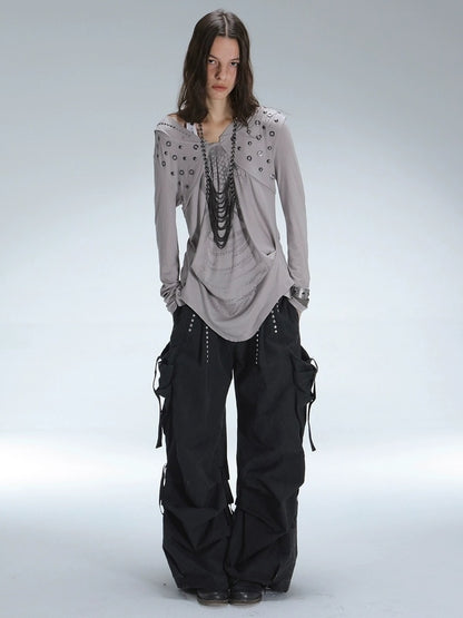 DoublePunch Breathable Lyocell Cinch Waist Vintage Hooded Long Sleeve Studded Print T-Shirt