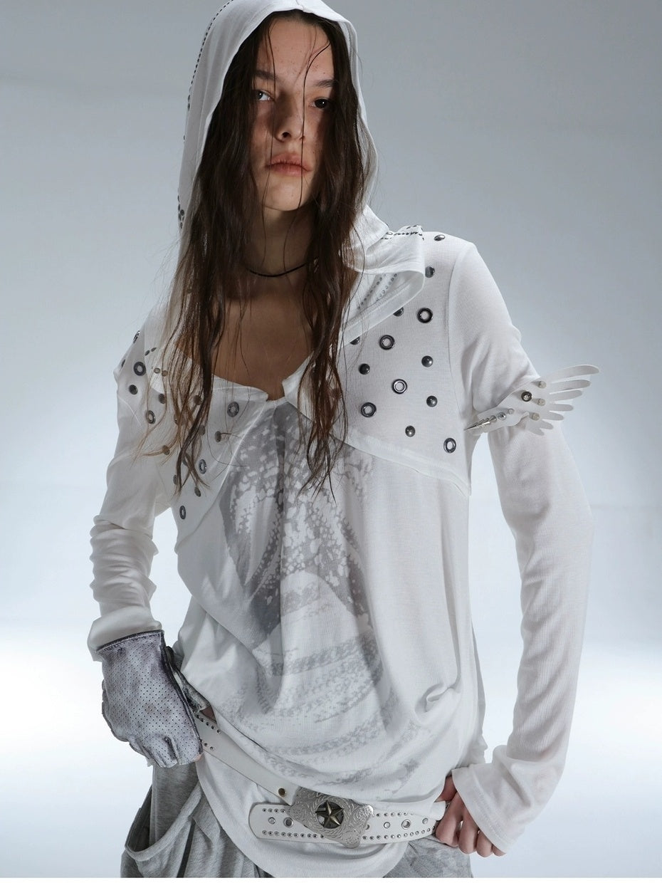 DoublePunch Breathable Lyocell Cinch Waist Vintage Hooded Long Sleeve Studded Print T-Shirt