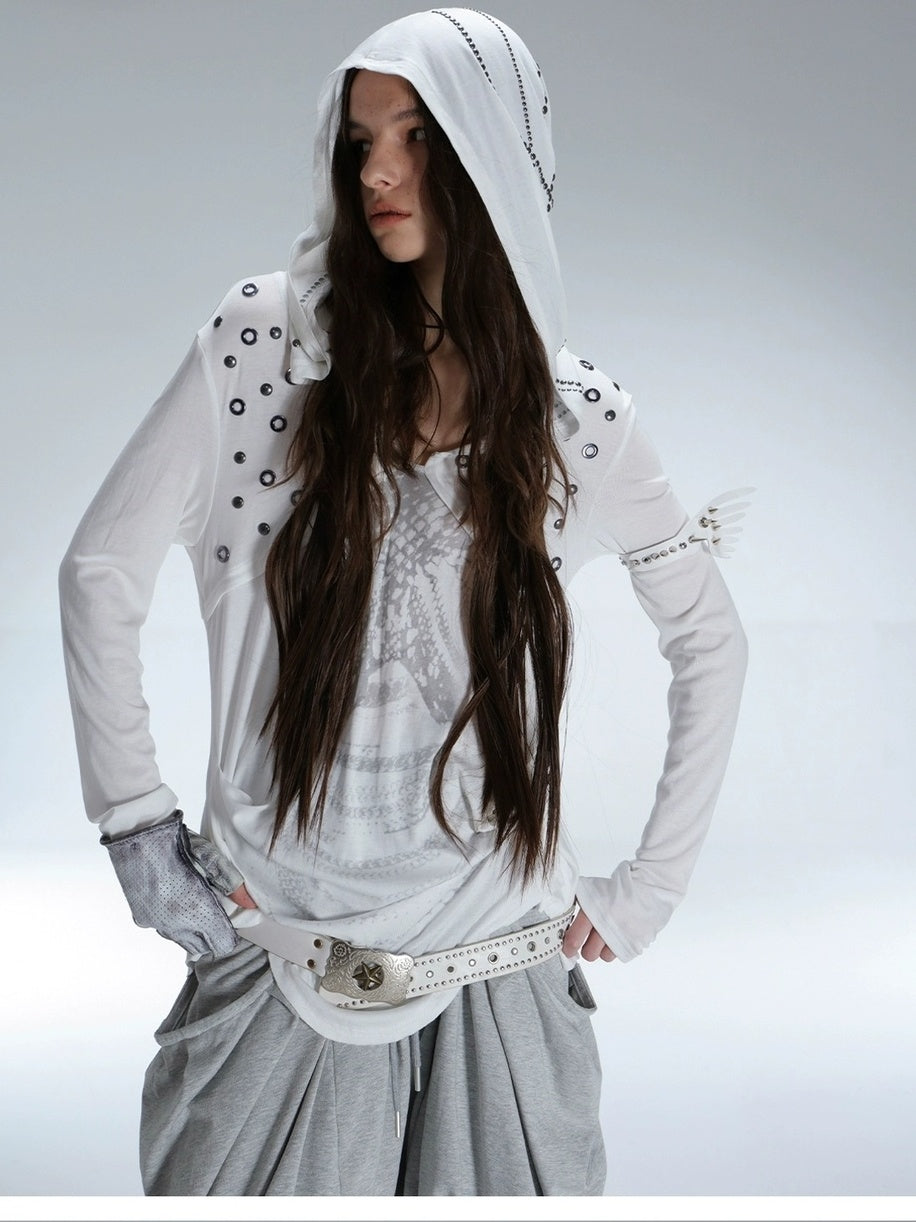 DoublePunch Breathable Lyocell Cinch Waist Vintage Hooded Long Sleeve Studded Print T-Shirt