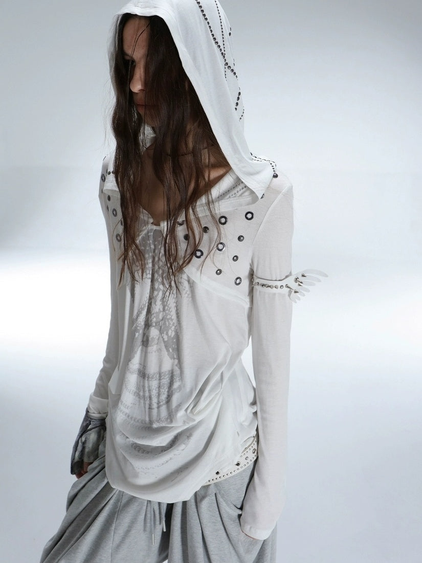 DoublePunch Breathable Lyocell Cinch Waist Vintage Hooded Long Sleeve Studded Print T-Shirt