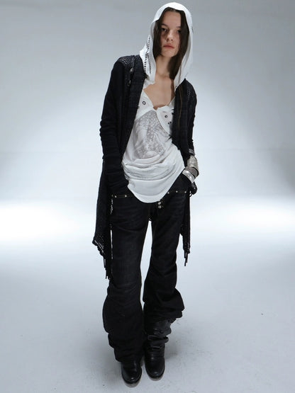 DoublePunch Breathable Lyocell Cinch Waist Vintage Hooded Long Sleeve Studded Print T-Shirt