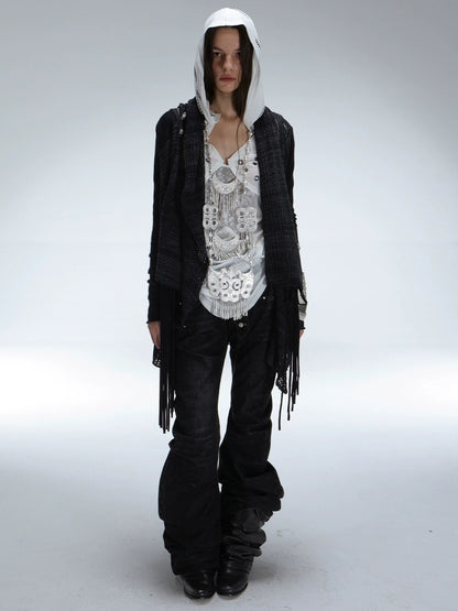 DoublePunch Breathable Lyocell Cinch Waist Vintage Hooded Long Sleeve Studded Print T-Shirt