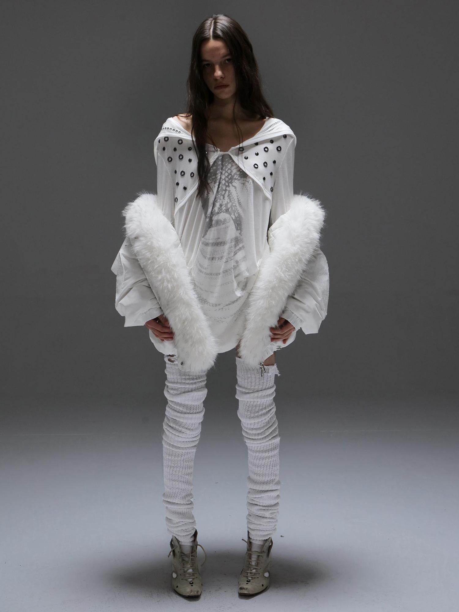 DoublePunch Breathable Lyocell Cinch Waist Vintage Hooded Long Sleeve Studded Print T-Shirt