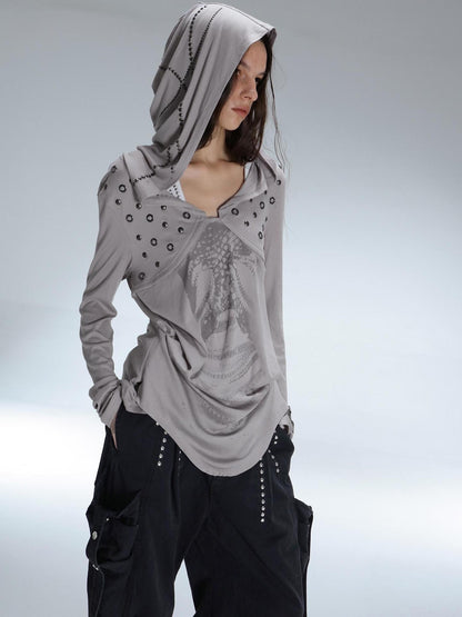 DoublePunch Breathable Lyocell Cinch Waist Vintage Hooded Long Sleeve Studded Print T-Shirt