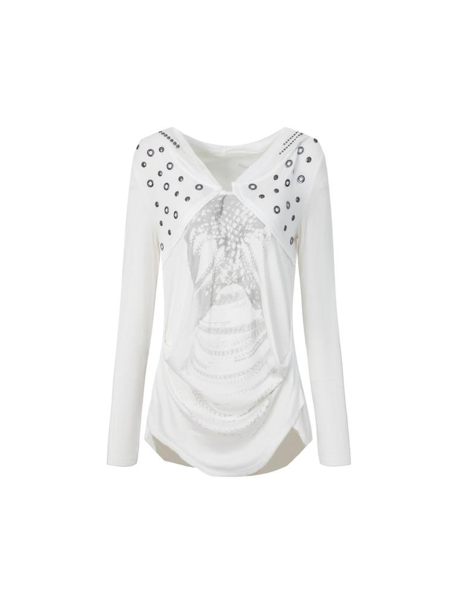 DoublePunch Breathable Lyocell Cinch Waist Vintage Hooded Long Sleeve Studded Print T-Shirt