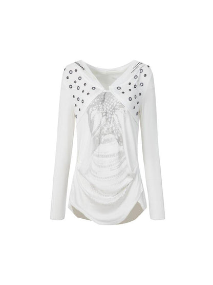 DoublePunch Breathable Lyocell Cinch Waist Vintage Hooded Long Sleeve Studded Print T-Shirt