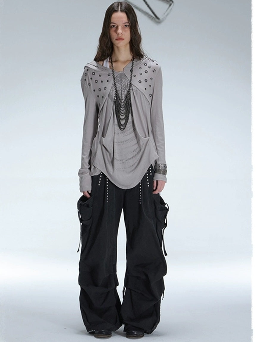 DoublePunch Breathable Lyocell Cinch Waist Vintage Hooded Long Sleeve Studded Print T-Shirt