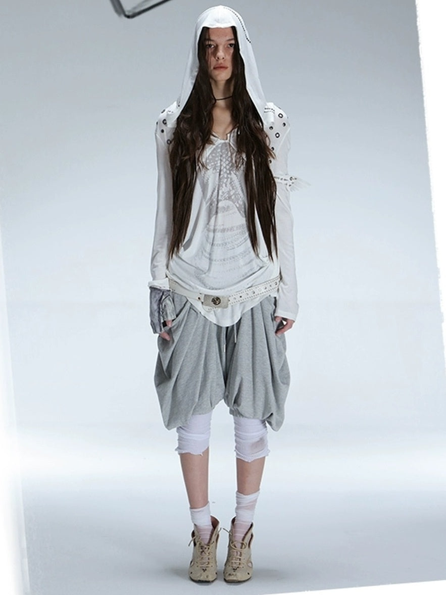 DoublePunch Breathable Lyocell Cinch Waist Vintage Hooded Long Sleeve Studded Print T-Shirt