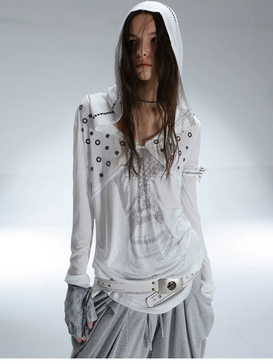 DoublePunch Breathable Lyocell Cinch Waist Vintage Hooded Long Sleeve Studded Print T-Shirt
