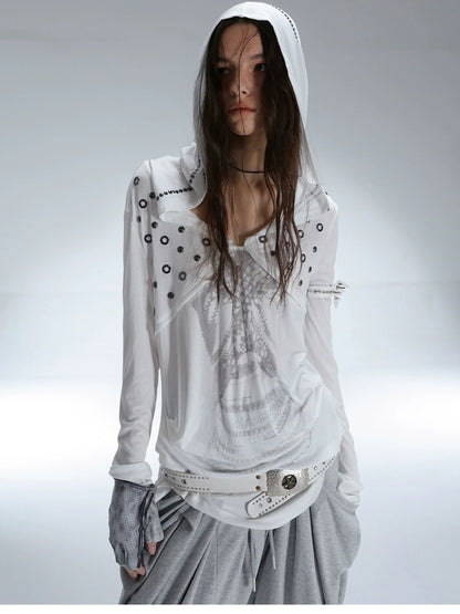 DoublePunch Breathable Lyocell Cinch Waist Vintage Hooded Long Sleeve Studded Print T-Shirt