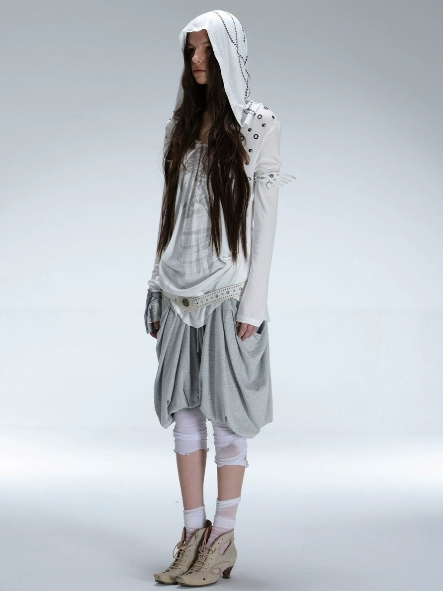 DoublePunch Breathable Lyocell Cinch Waist Vintage Hooded Long Sleeve Studded Print T-Shirt