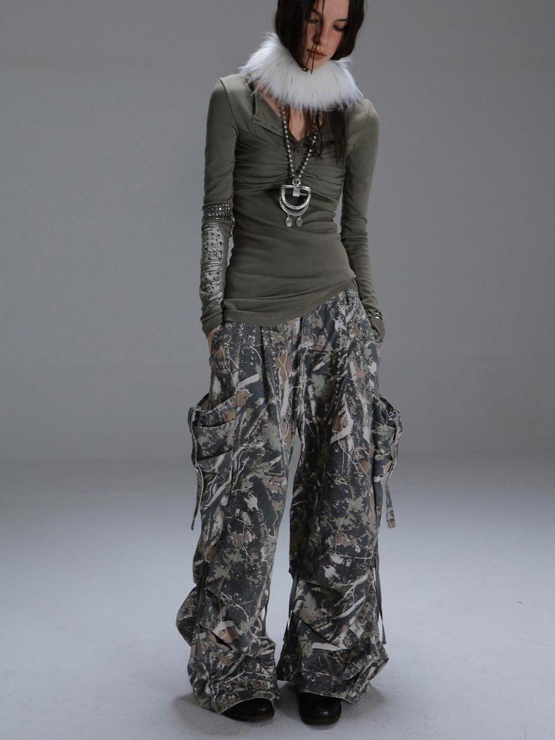 DoublePunch Camouflage 3D Pocket Button Decor Utility Low Waist Women&