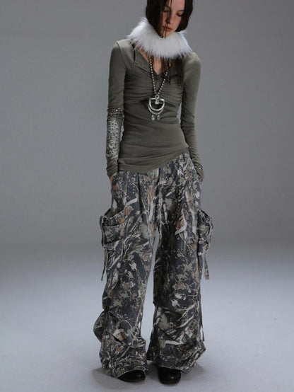 DoublePunch Camouflage 3D Pocket Button Decor Utility Low Waist Women&