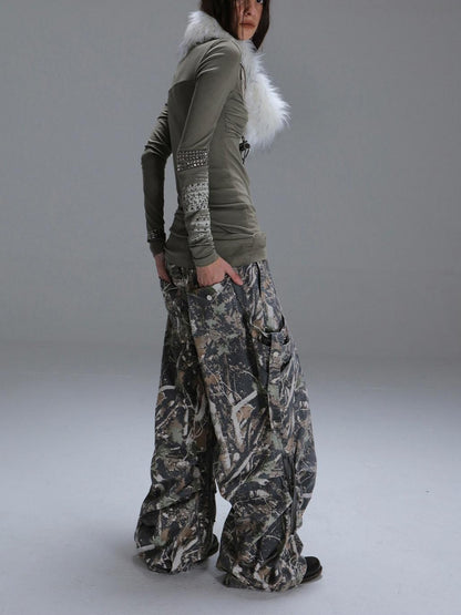 DoublePunch Camouflage 3D Pocket Button Decor Utility Low Waist Women&