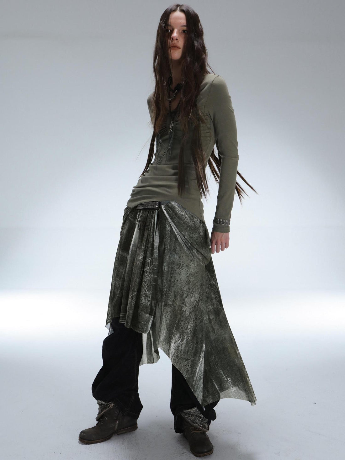 DoublePunch Castle Digital Print Draped Mesh Asymmetric Women&