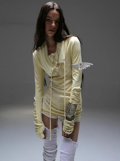 DoublePunch Cream Yellow Printed Tie Mock Neck Women&