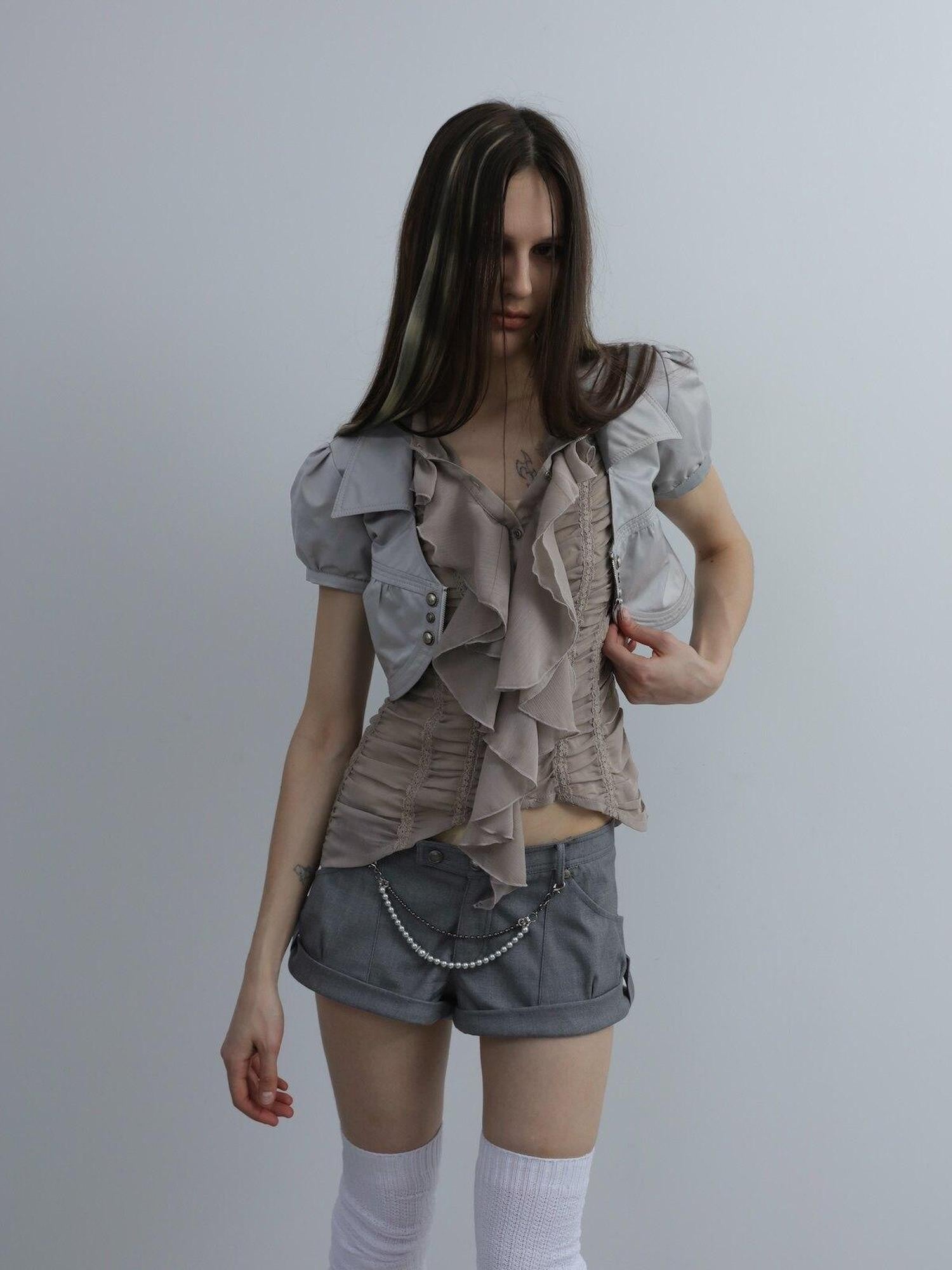 DoublePunch Cropped Gathered Ruffle Victorian Women&