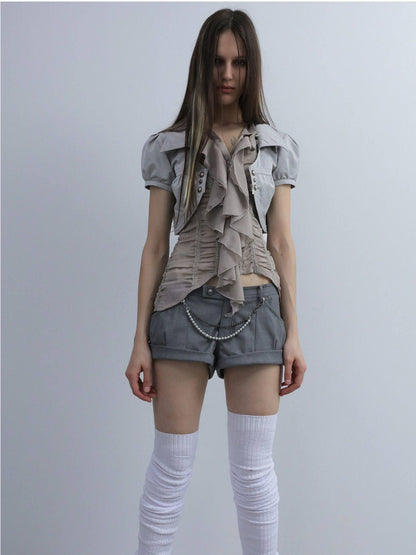DoublePunch Cuffed Chain Buttoned Vintage Low Rise Women&
