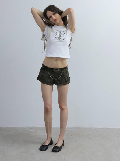 DoublePunch Cuffed Chain Buttoned Vintage Low Rise Women&