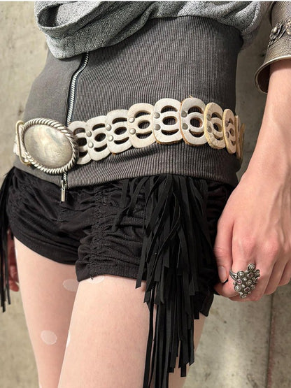 DoublePunch Detachable Tassel Shirred Low Waist Women&