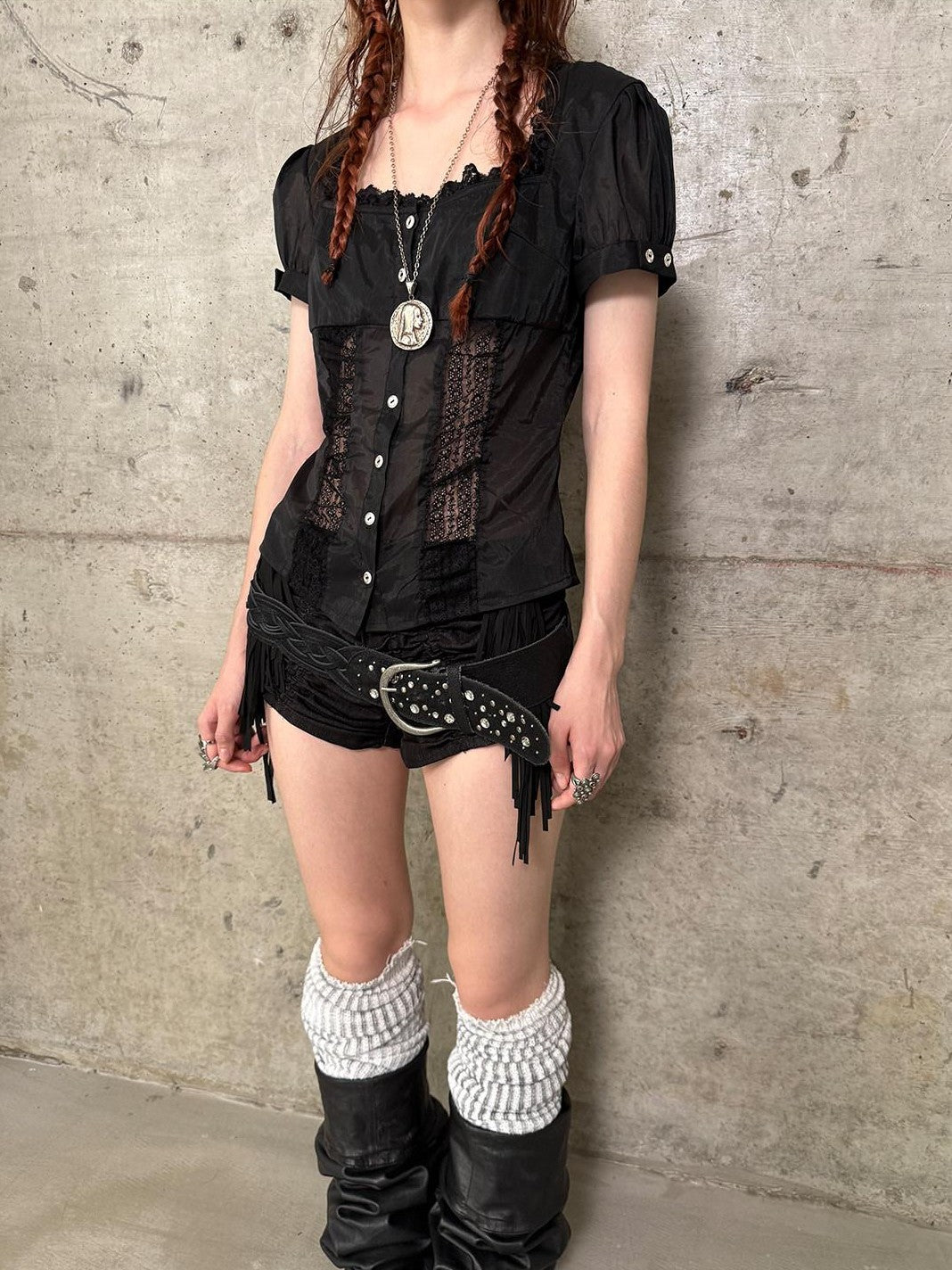 DoublePunch Detachable Tassel Shirred Low Waist Women&