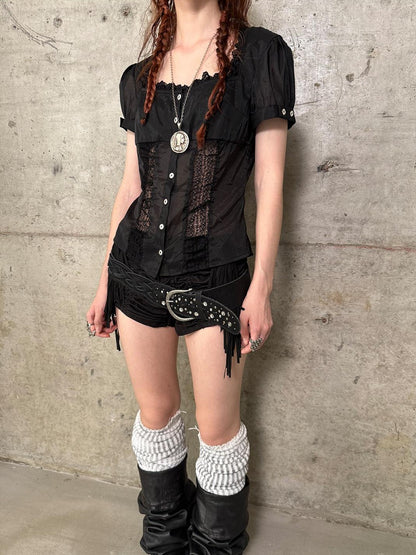 DoublePunch Detachable Tassel Shirred Low Waist Women&