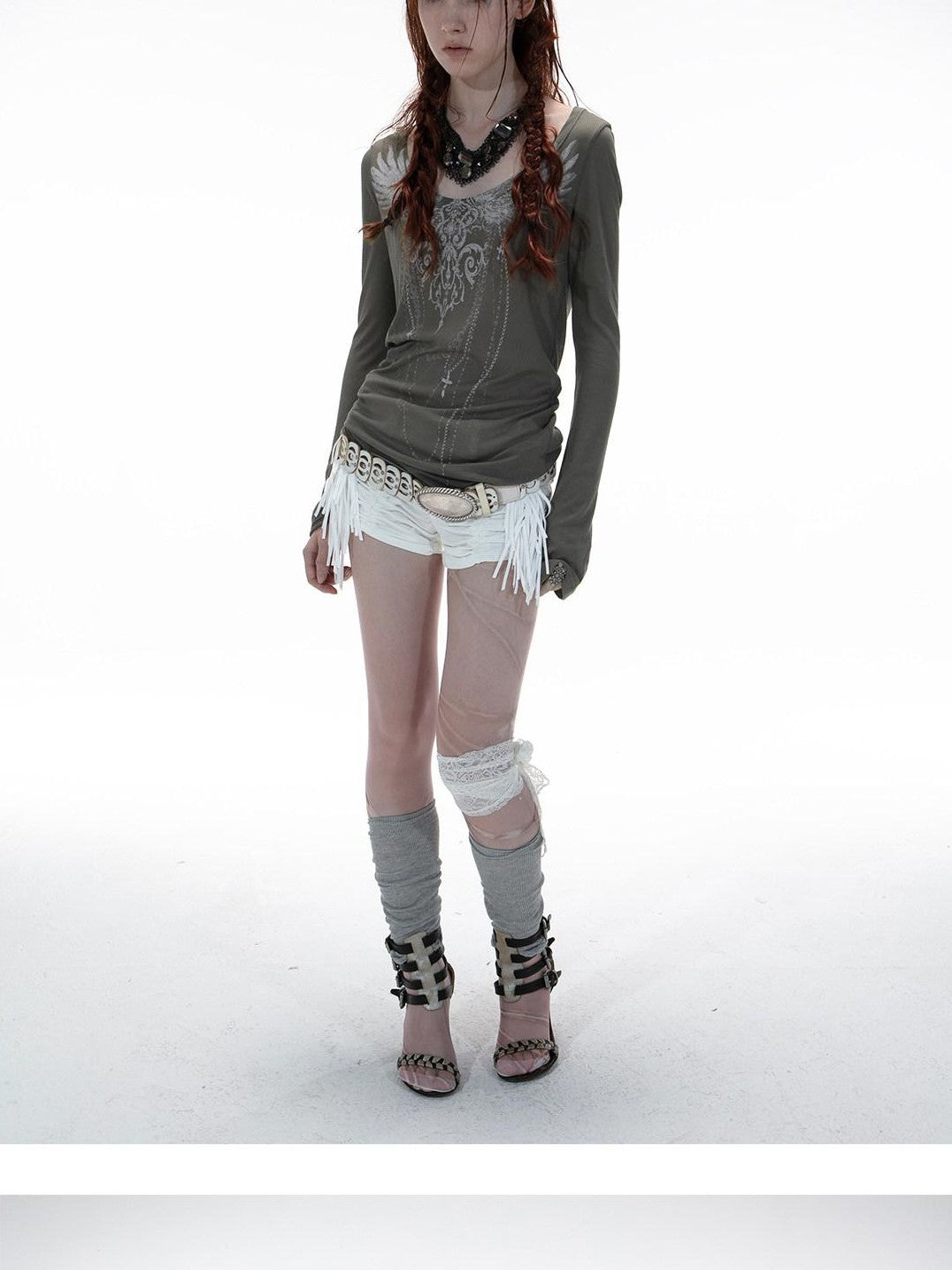 DoublePunch Detachable Tassel Shirred Low Waist Women&