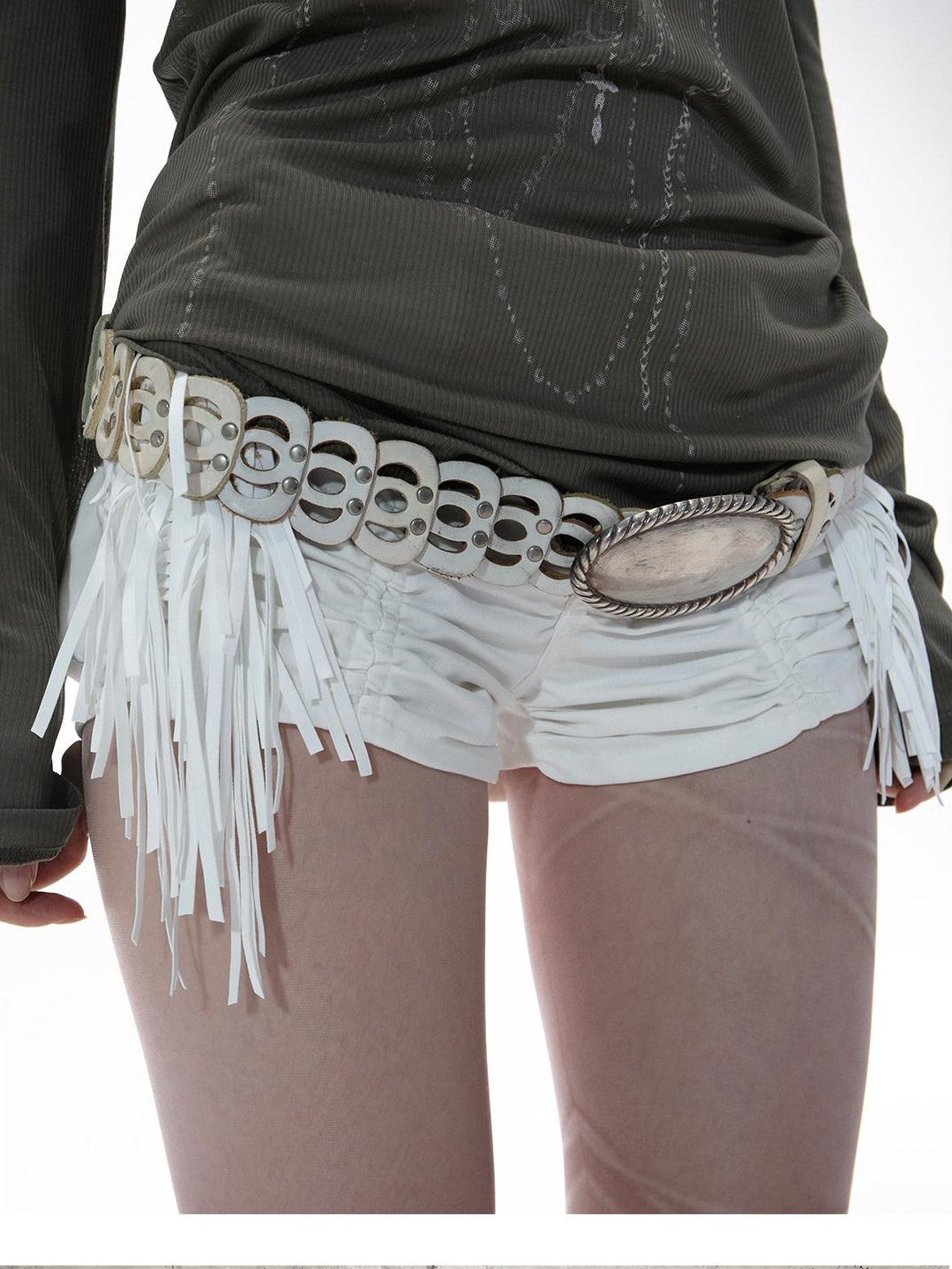 DoublePunch Detachable Tassel Shirred Low Waist Women&