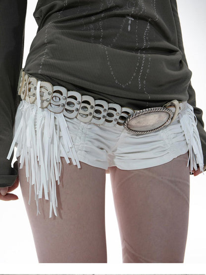 DoublePunch Detachable Tassel Shirred Low Waist Women&