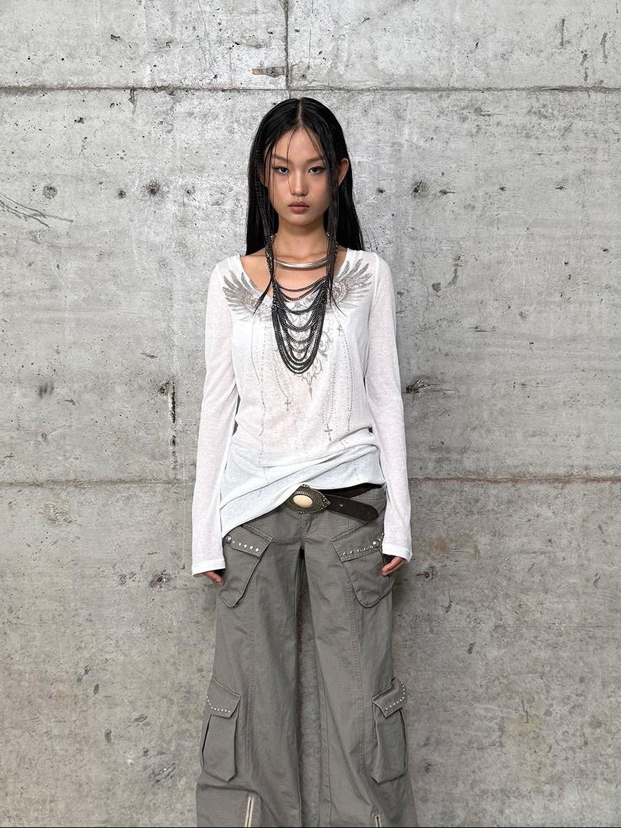 DoublePunch Distressed Washed Western Wide Leg Pockets Women&