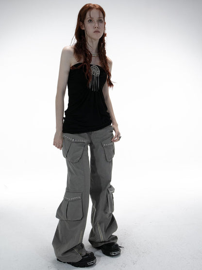 DoublePunch Distressed Washed Western Wide Leg Pockets Women&