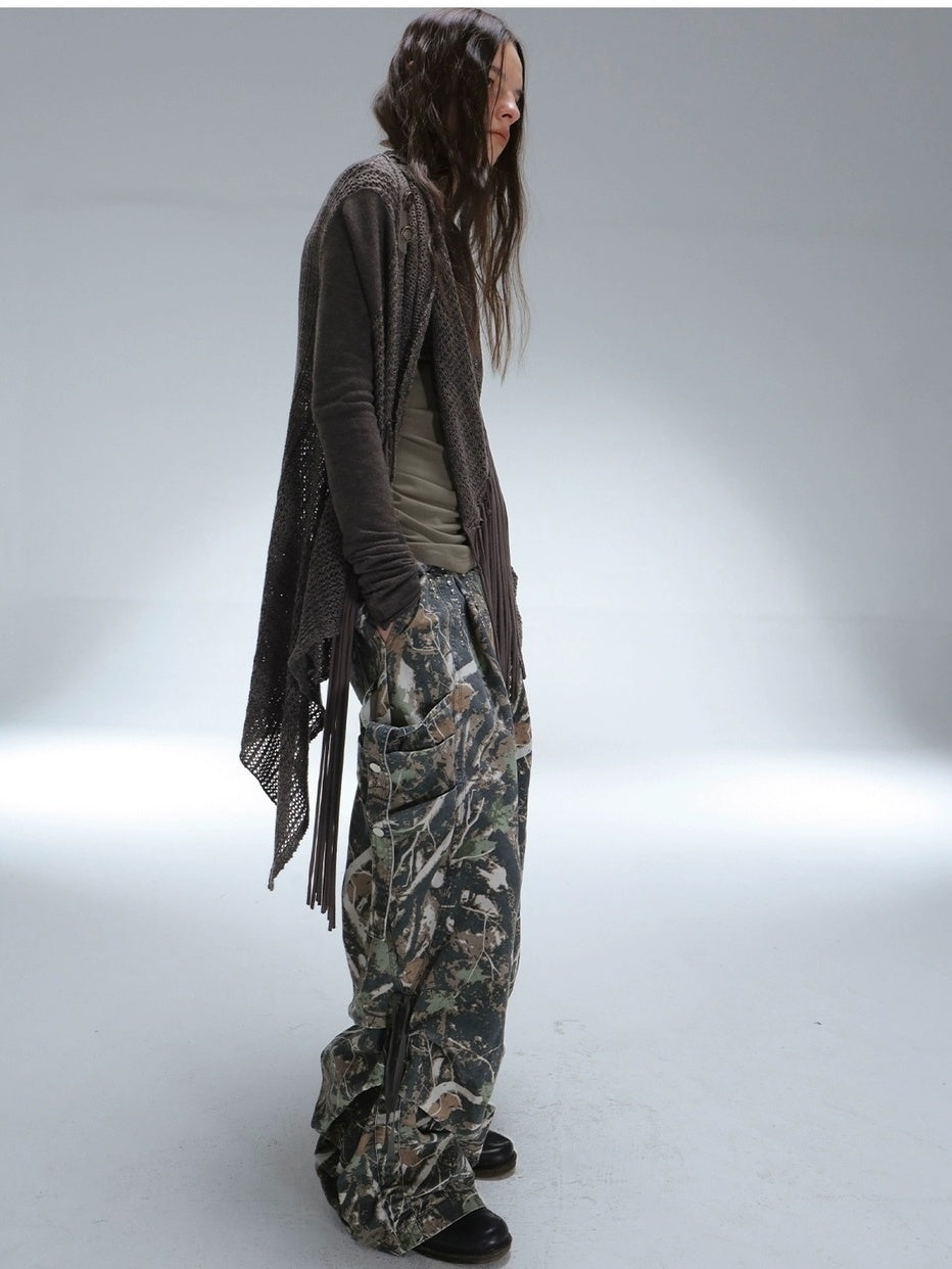 DoublePunch Durable 100% Cotton Functional Low Rise Leaf Camo Button Straight Women Pants