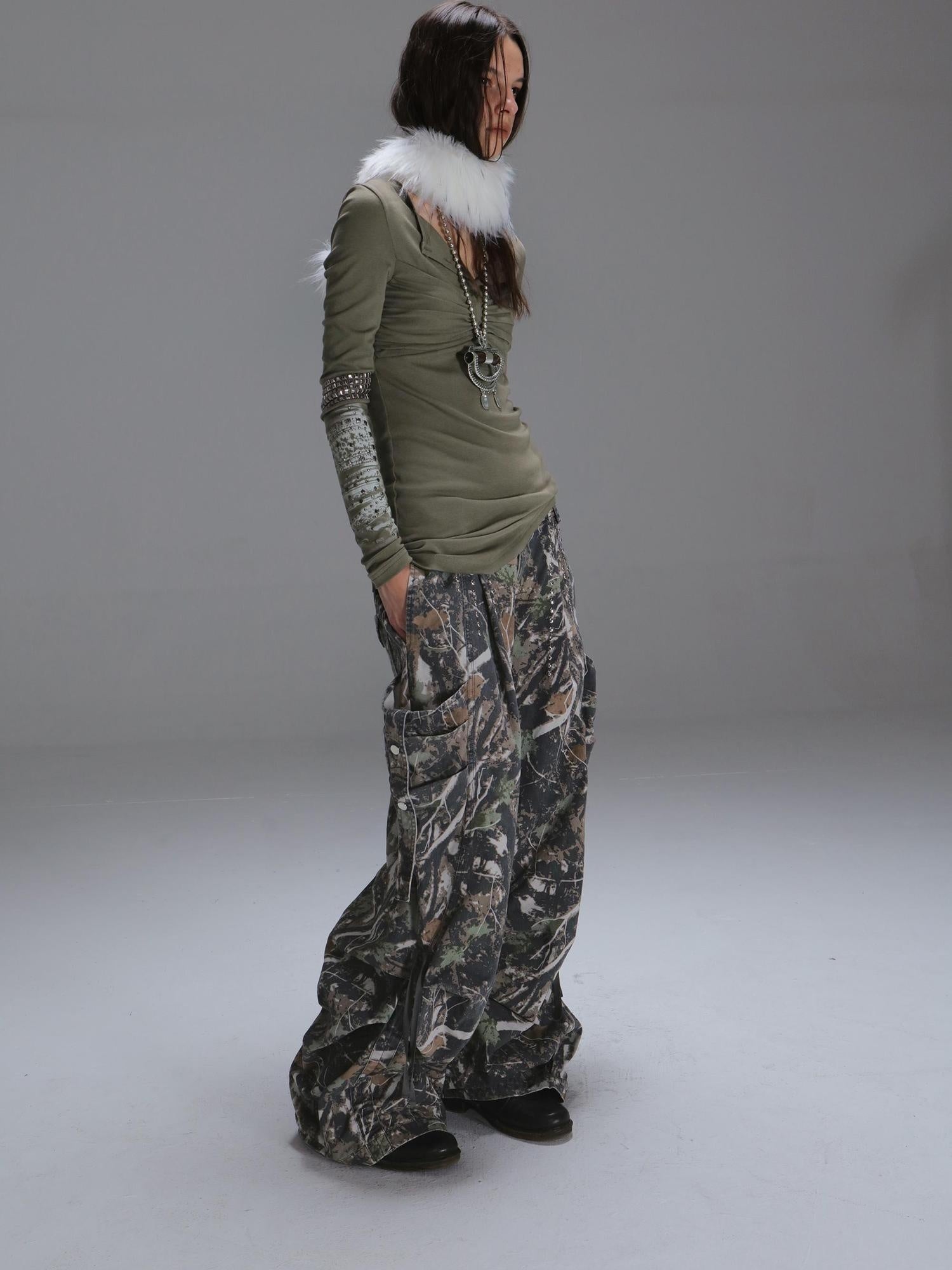 DoublePunch Durable 100% Cotton Functional Low Rise Leaf Camo Button Straight Women Pants