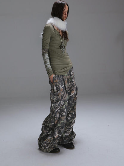 DoublePunch Durable 100% Cotton Functional Low Rise Leaf Camo Button Straight Women Pants