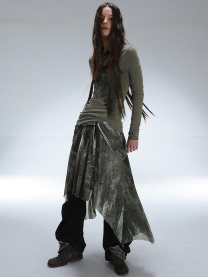 DoublePunch Durable Stretch Digital Print Punk Asymmetric Mid Waist Women Midi Skirt