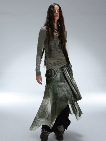 DoublePunch Durable Stretch Digital Print Punk Asymmetric Mid Waist Women Midi Skirt