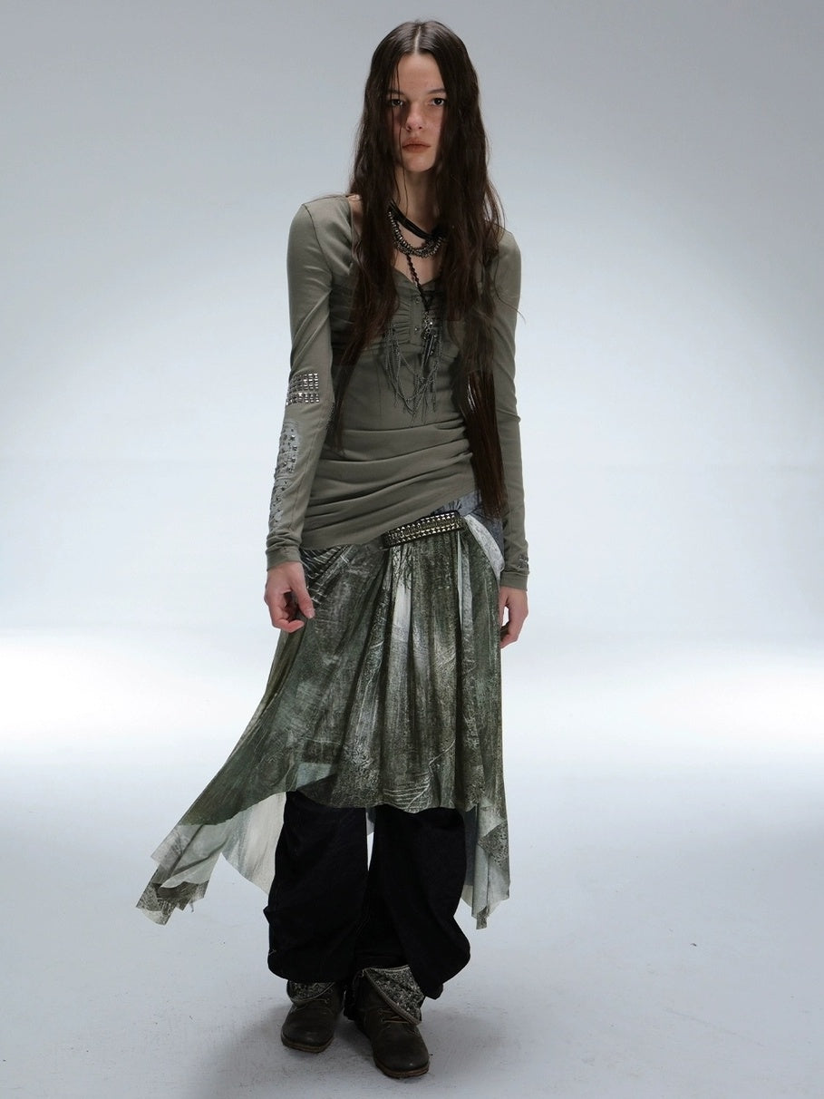 DoublePunch Durable Stretch Digital Print Punk Asymmetric Mid Waist Women Midi Skirt