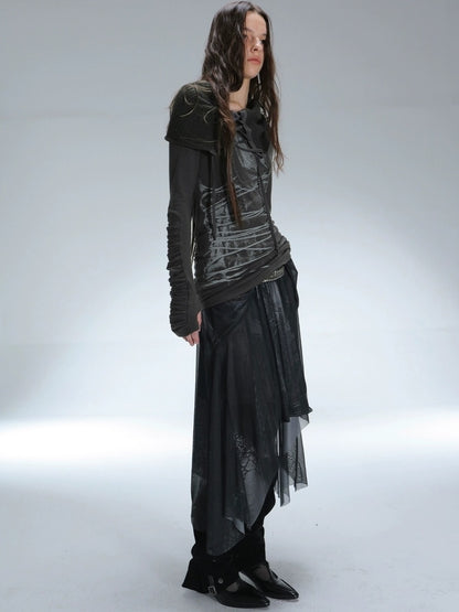 DoublePunch Durable Stretch Digital Print Punk Asymmetric Mid Waist Women Midi Skirt