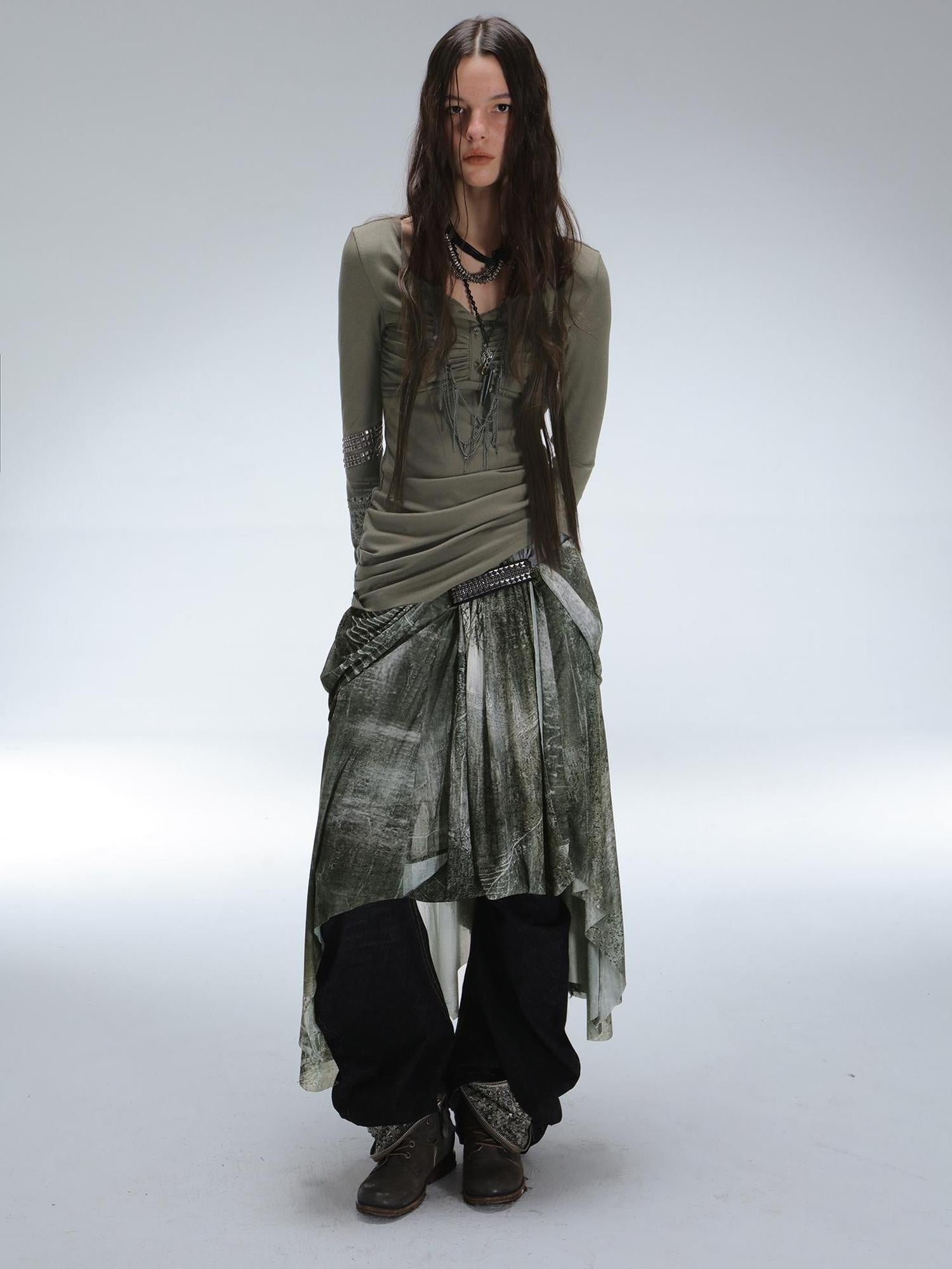 DoublePunch Durable Stretch Digital Print Punk Asymmetric Mid Waist Women Midi Skirt