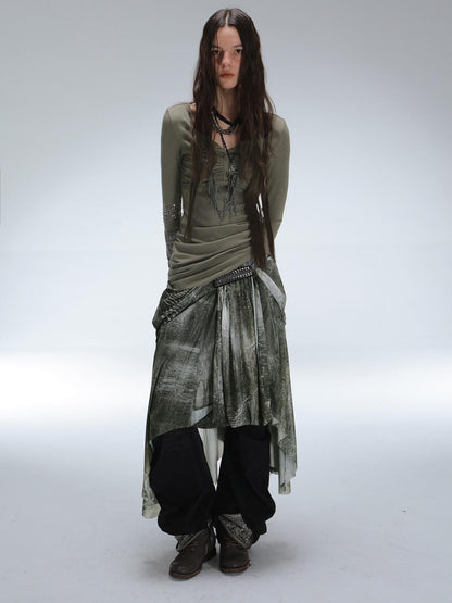 DoublePunch Durable Stretch Digital Print Punk Asymmetric Mid Waist Women Midi Skirt