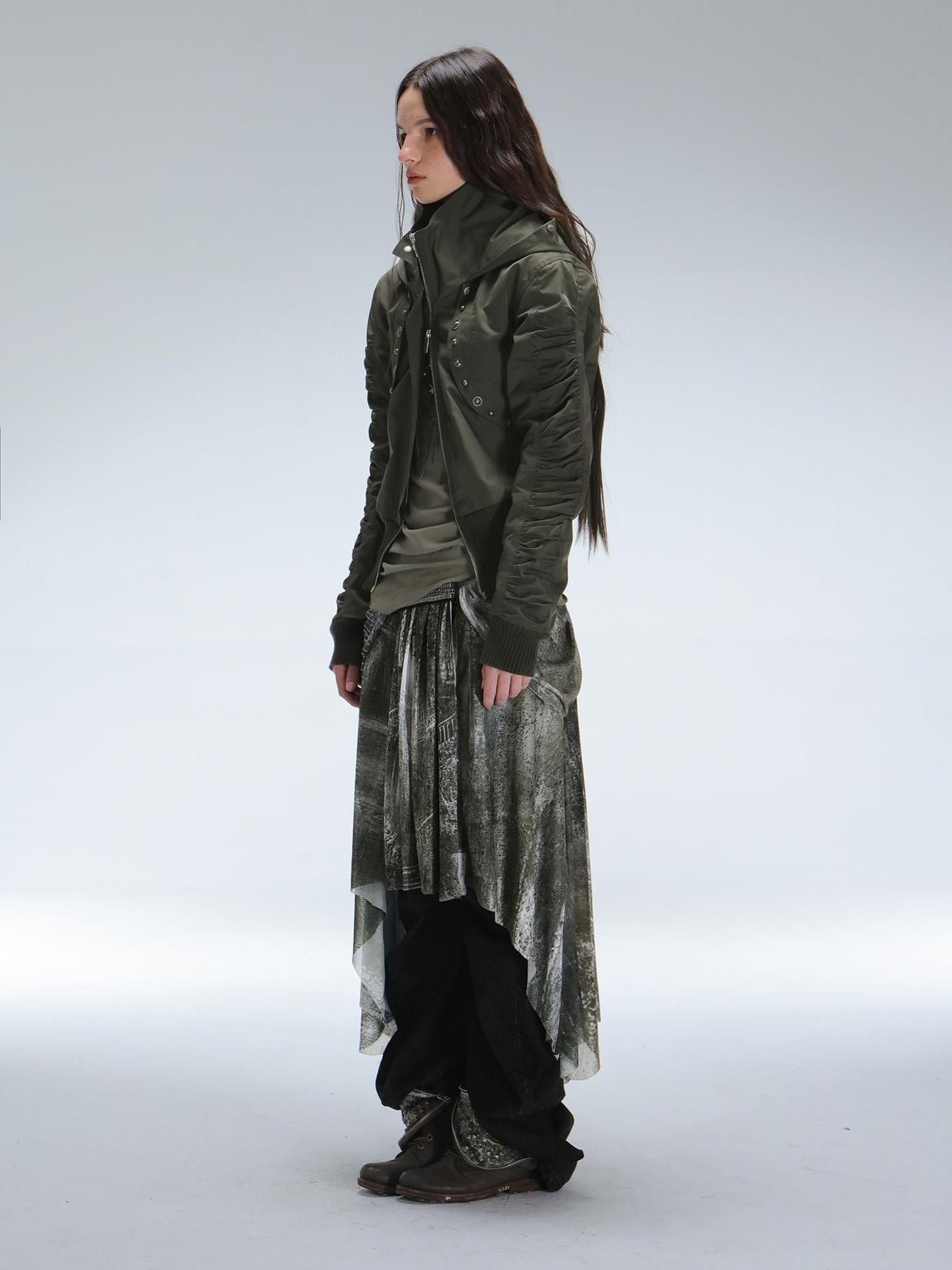 DoublePunch Durable Stretch Digital Print Punk Asymmetric Mid Waist Women Midi Skirt