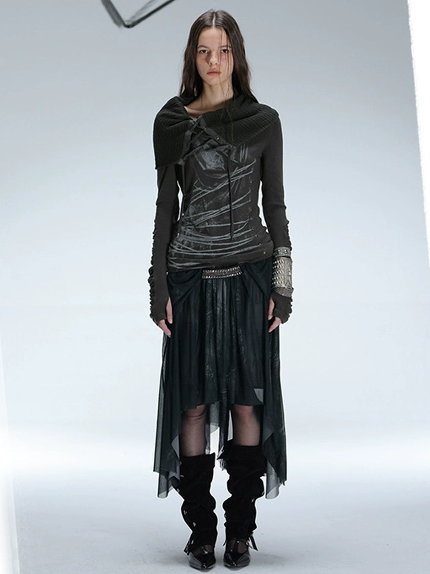 DoublePunch Durable Stretch Digital Print Punk Asymmetric Mid Waist Women Midi Skirt