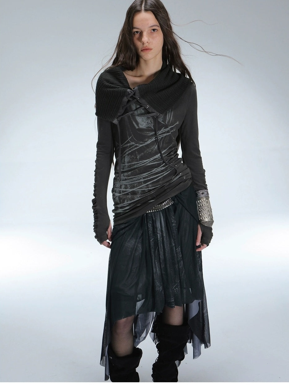 DoublePunch Durable Stretch Digital Print Punk Asymmetric Mid Waist Women Midi Skirt