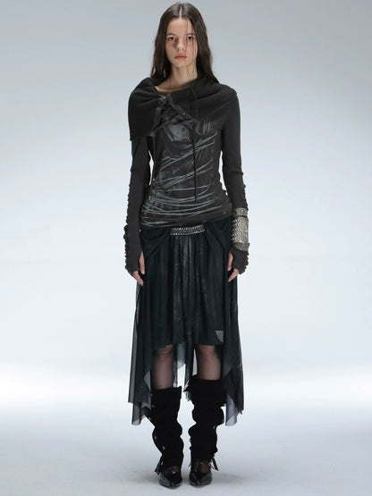 DoublePunch Durable Stretch Digital Print Punk Asymmetric Mid Waist Women Midi Skirt