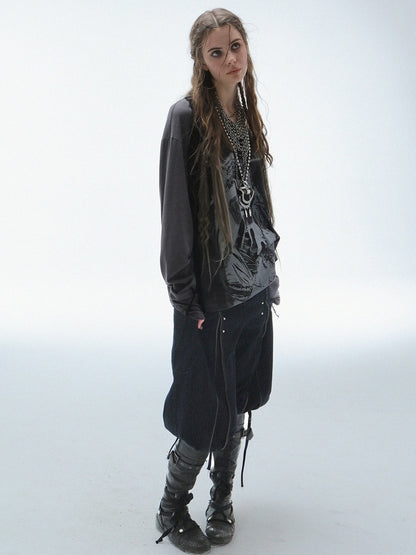 DoublePunch Durable Washed Cotton Low Waist Punk Cargo Wide Fit Women Button Detail Pants