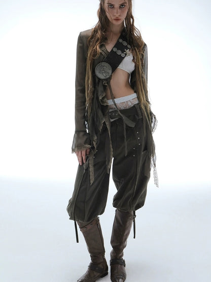 DoublePunch Durable Washed Cotton Low Waist Punk Cargo Wide Fit Women Button Detail Pants