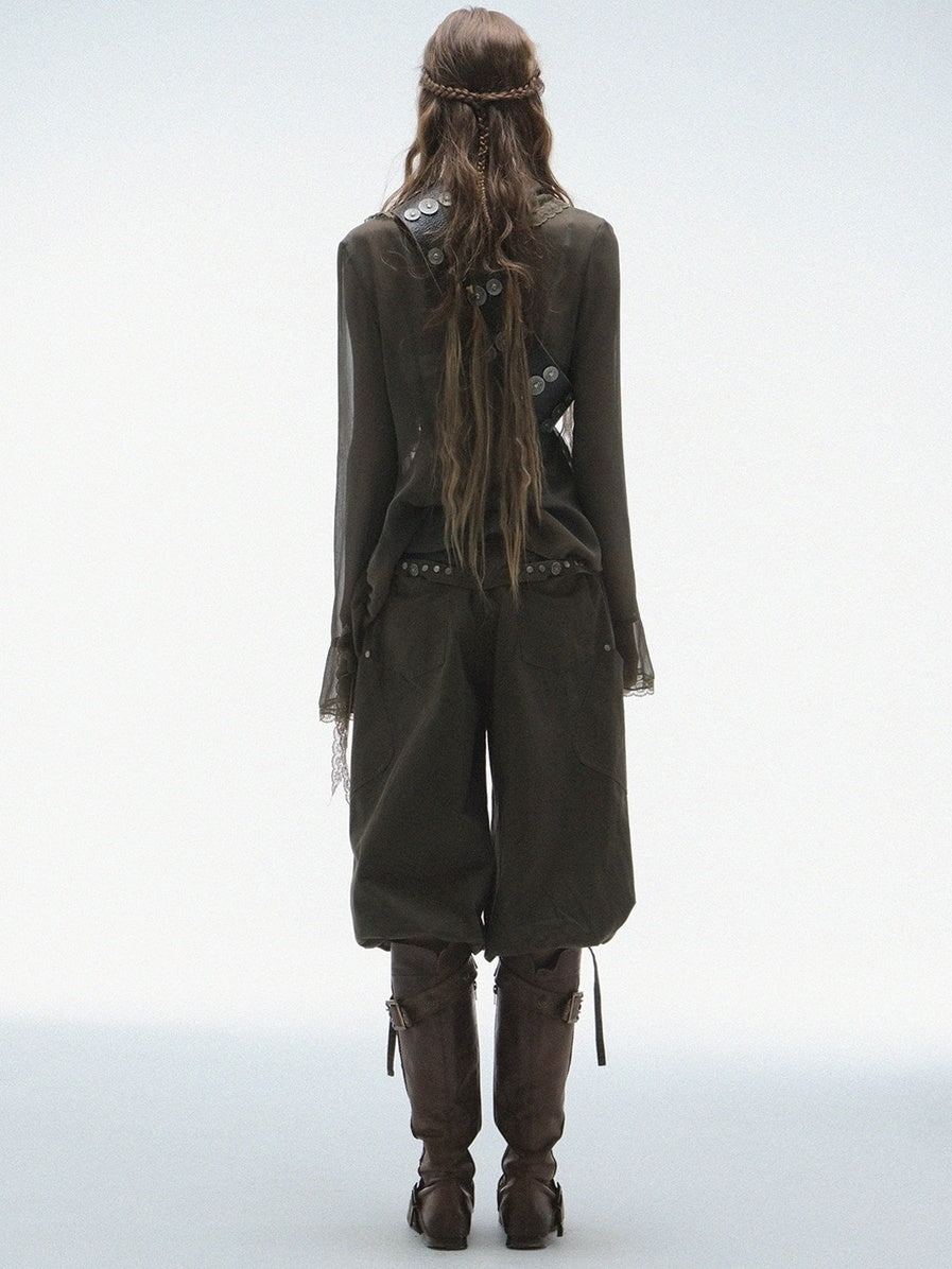 DoublePunch Durable Washed Cotton Low Waist Punk Cargo Wide Fit Women Button Detail Pants