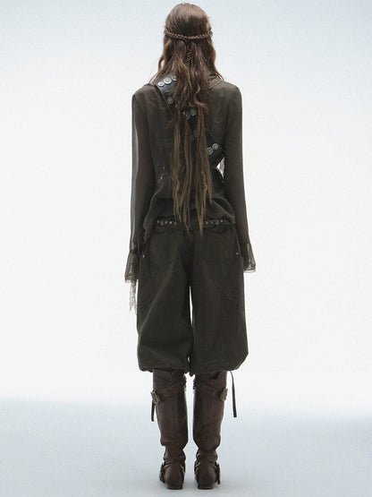 DoublePunch Durable Washed Cotton Low Waist Punk Cargo Wide Fit Women Button Detail Pants