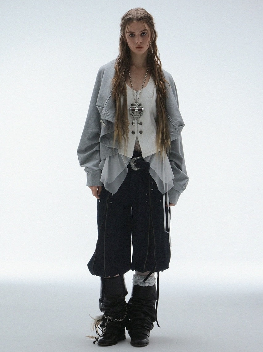 DoublePunch Durable Washed Cotton Low Waist Punk Cargo Wide Fit Women Button Detail Pants